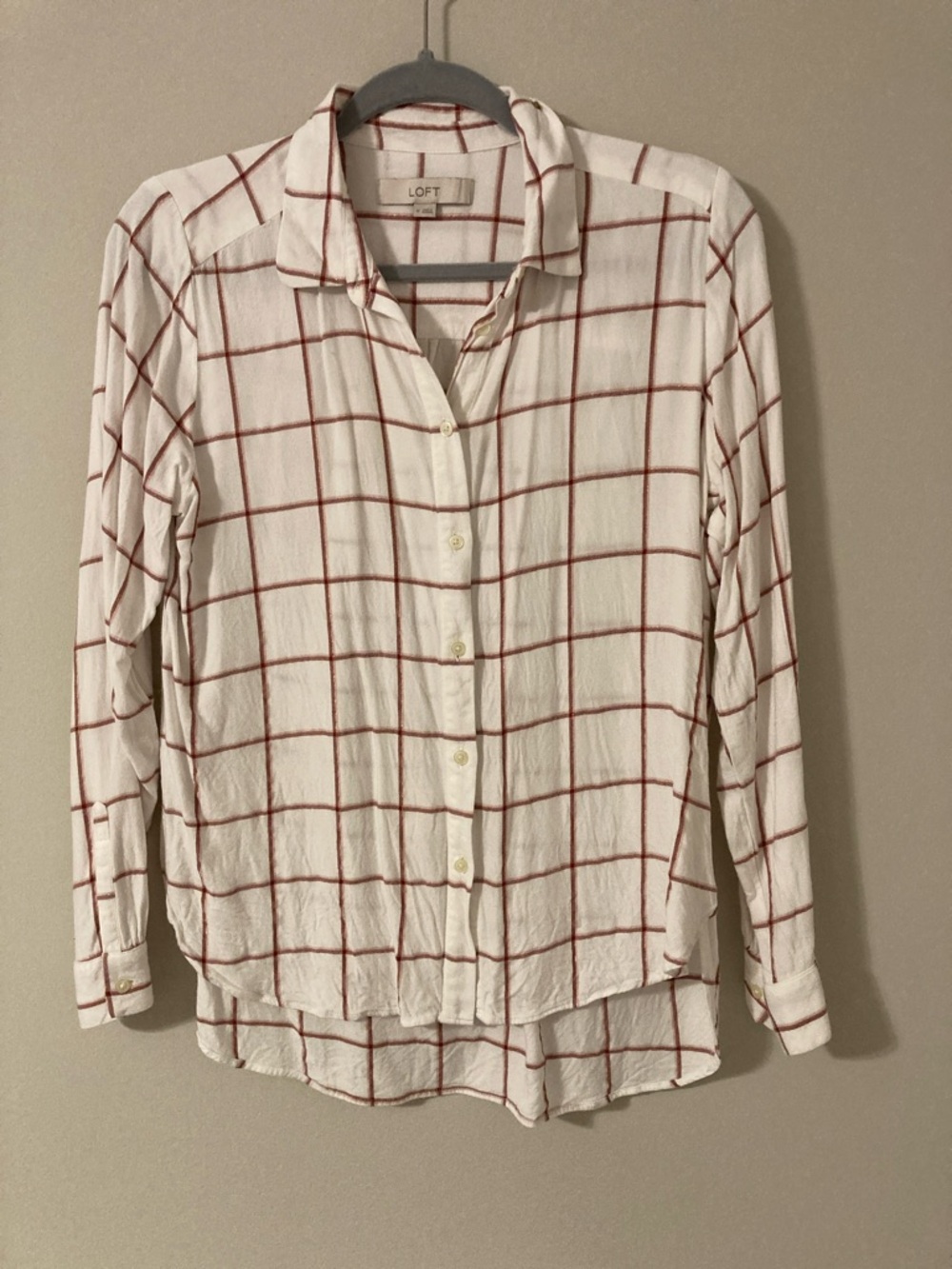 LOFT White Blouse with Windowpane Plaid